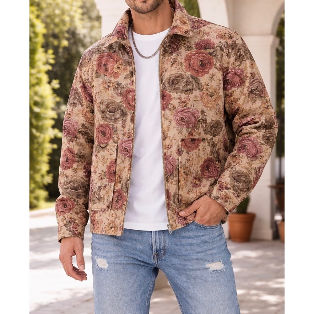 NWT Fashion Nova Men Floral Tapestry Jacquard Zip Shacket Jacket XL